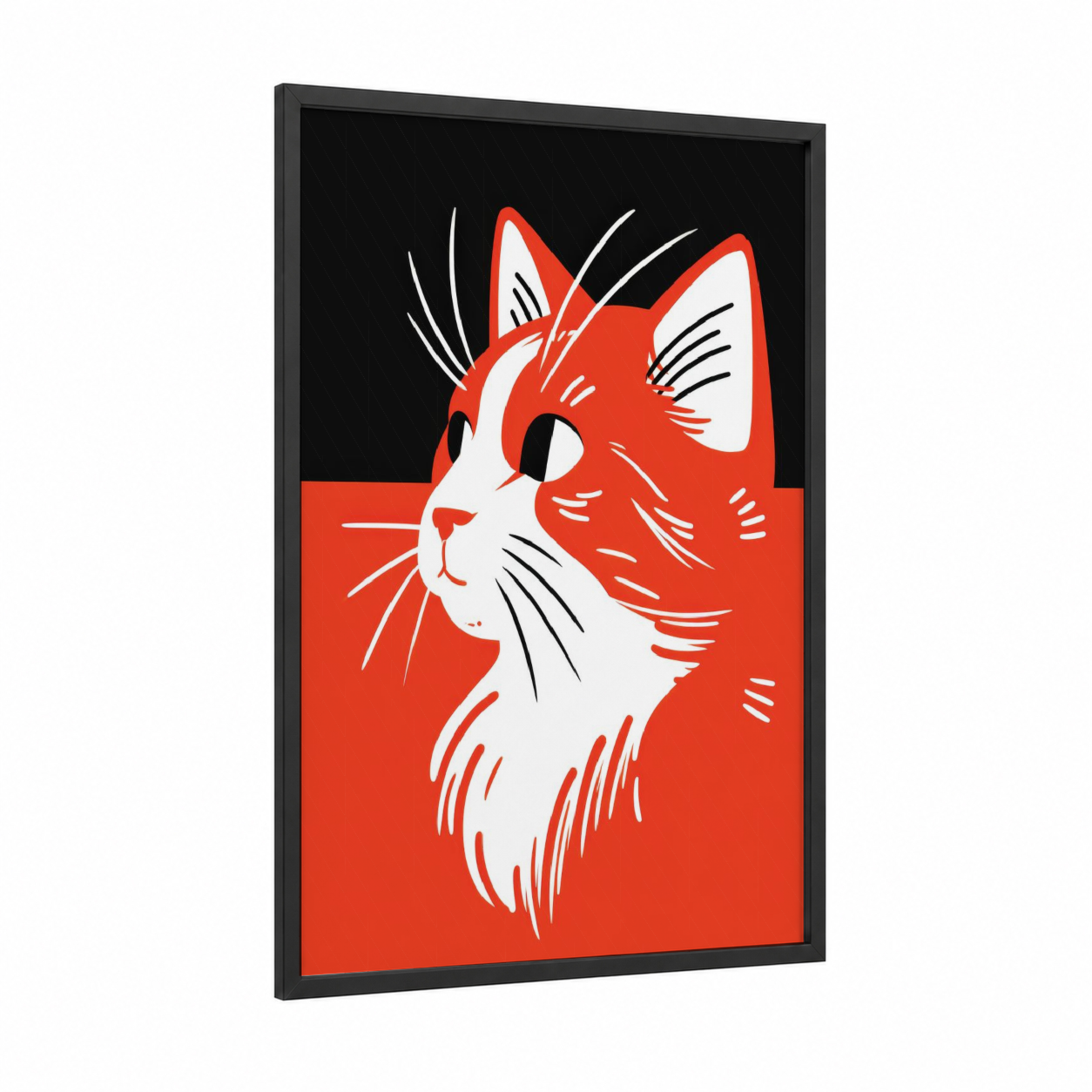 Red & White Cat framed art print — black wood frame — red and white palette