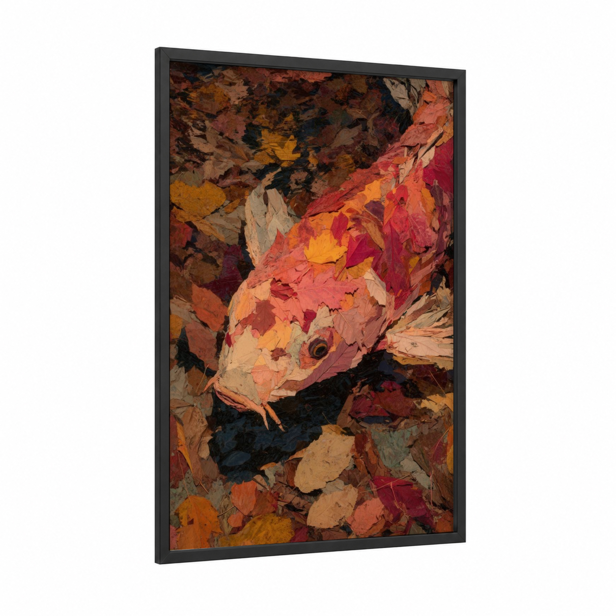 Autumn Koi Fish framed art print — black wood frame — orange and red palette