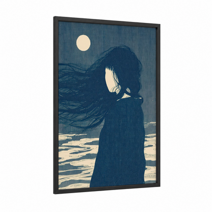 Moonlit Hair framed art print — black wood frame — dark blue and cream palette