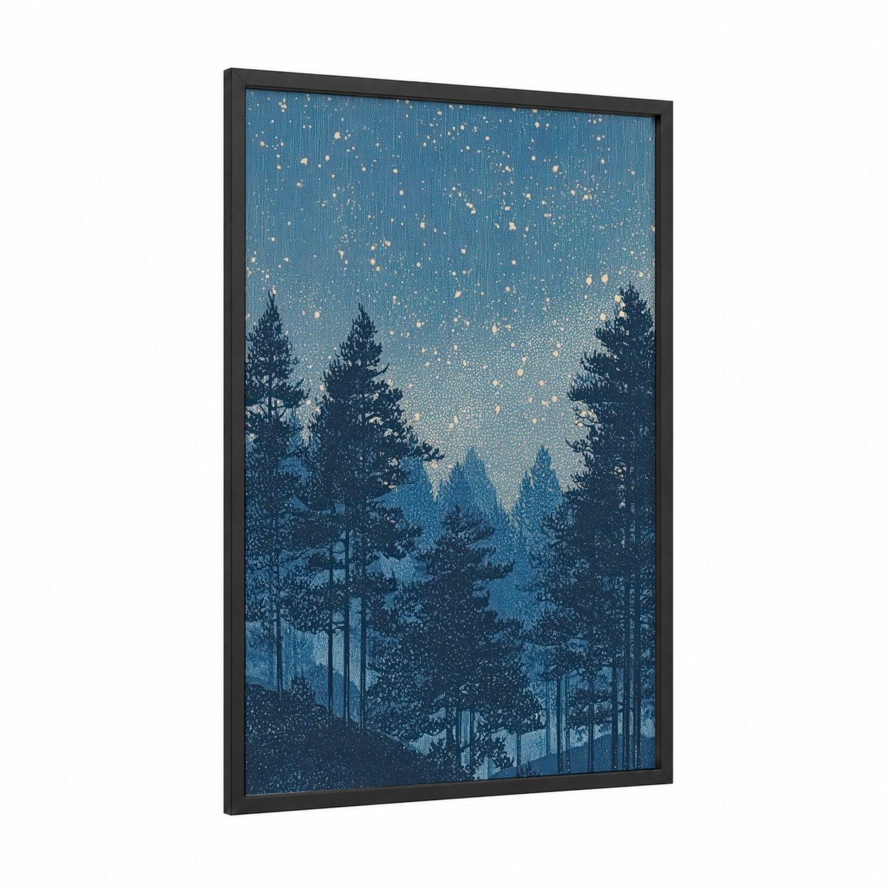 Starlit Forest framed art print — black wood frame — blue and gold palette