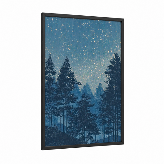 Starlit Forest framed art print — black wood frame — blue and gold palette