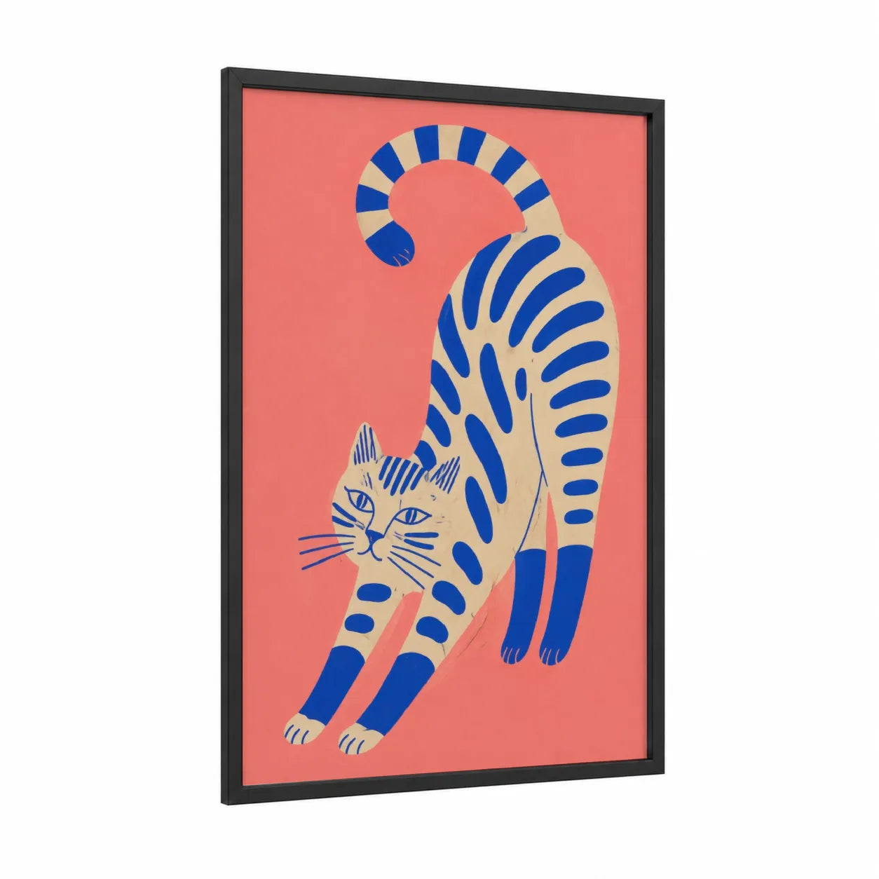 Stretching Blue Cat Wall Art framed art print — black wood frame — blue and peach palette