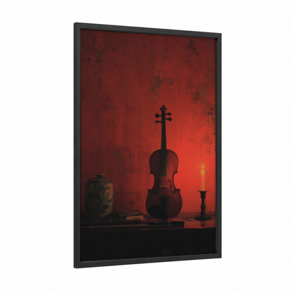 Crimson Violin Solitude framed art print — black wood frame — red and black palette