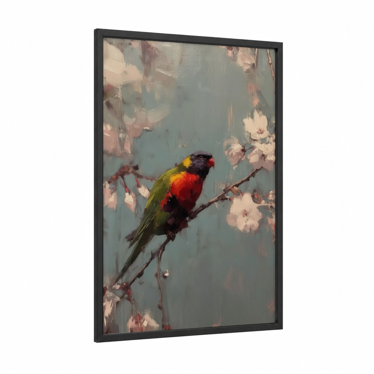 Blossom Lorikeet framed rainbow lorikeet print — black wood frame — teal and rose gold palette