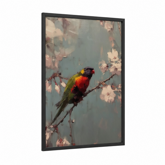 Blossom Lorikeet framed rainbow lorikeet print — black wood frame — teal and rose gold palette