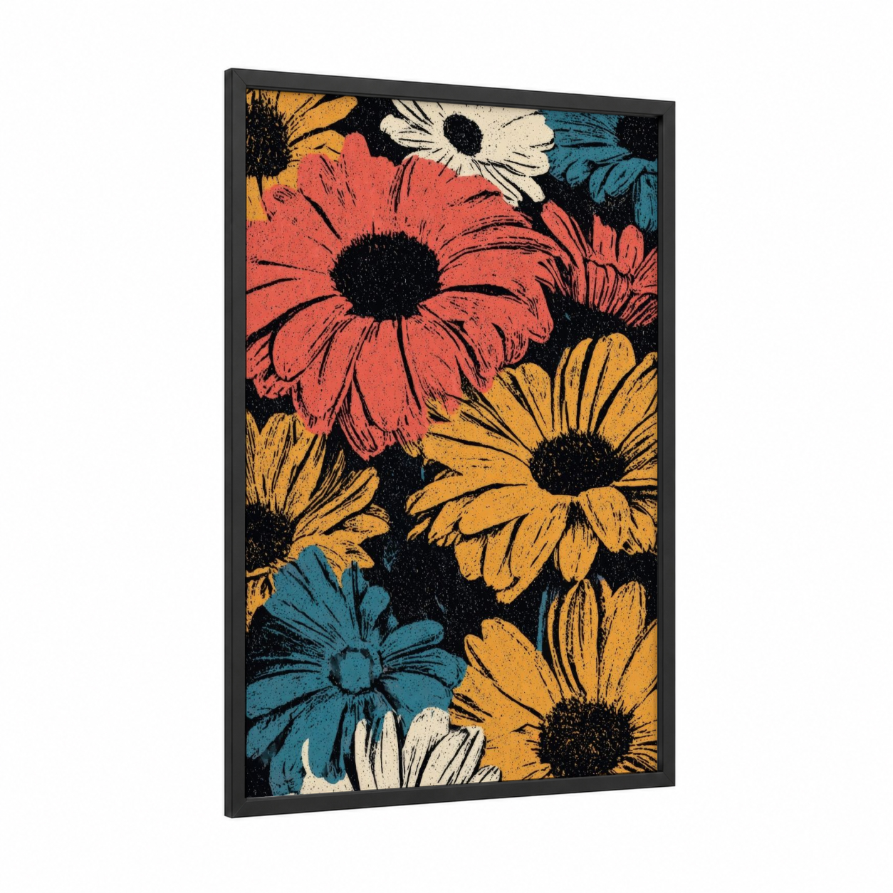 Vibrant Daisy Medley framed art print — black wood frame — gold and red palette