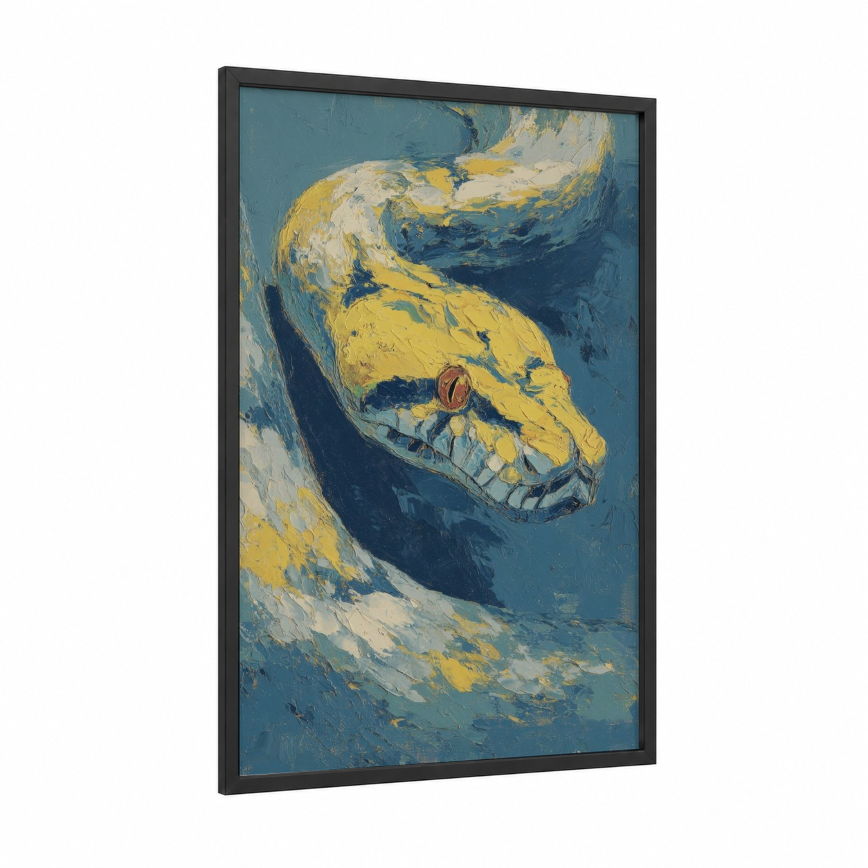 Golden Python framed art print — black wood frame — blue and gold and blue and white palette
