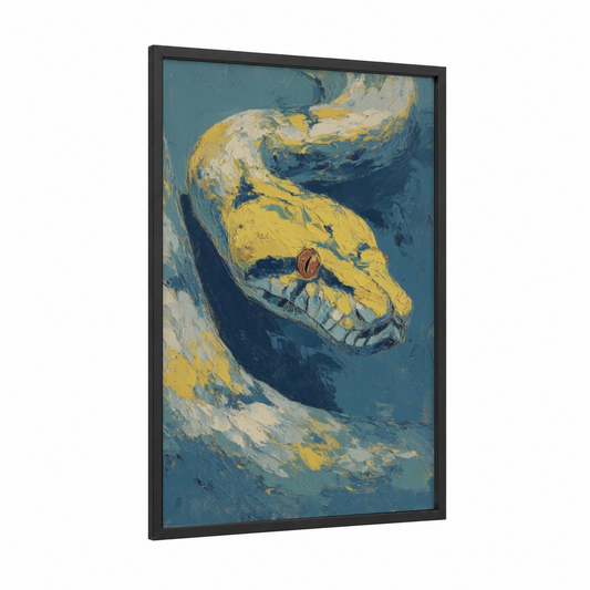 Golden Python framed art print — black wood frame — blue and gold and blue and white palette