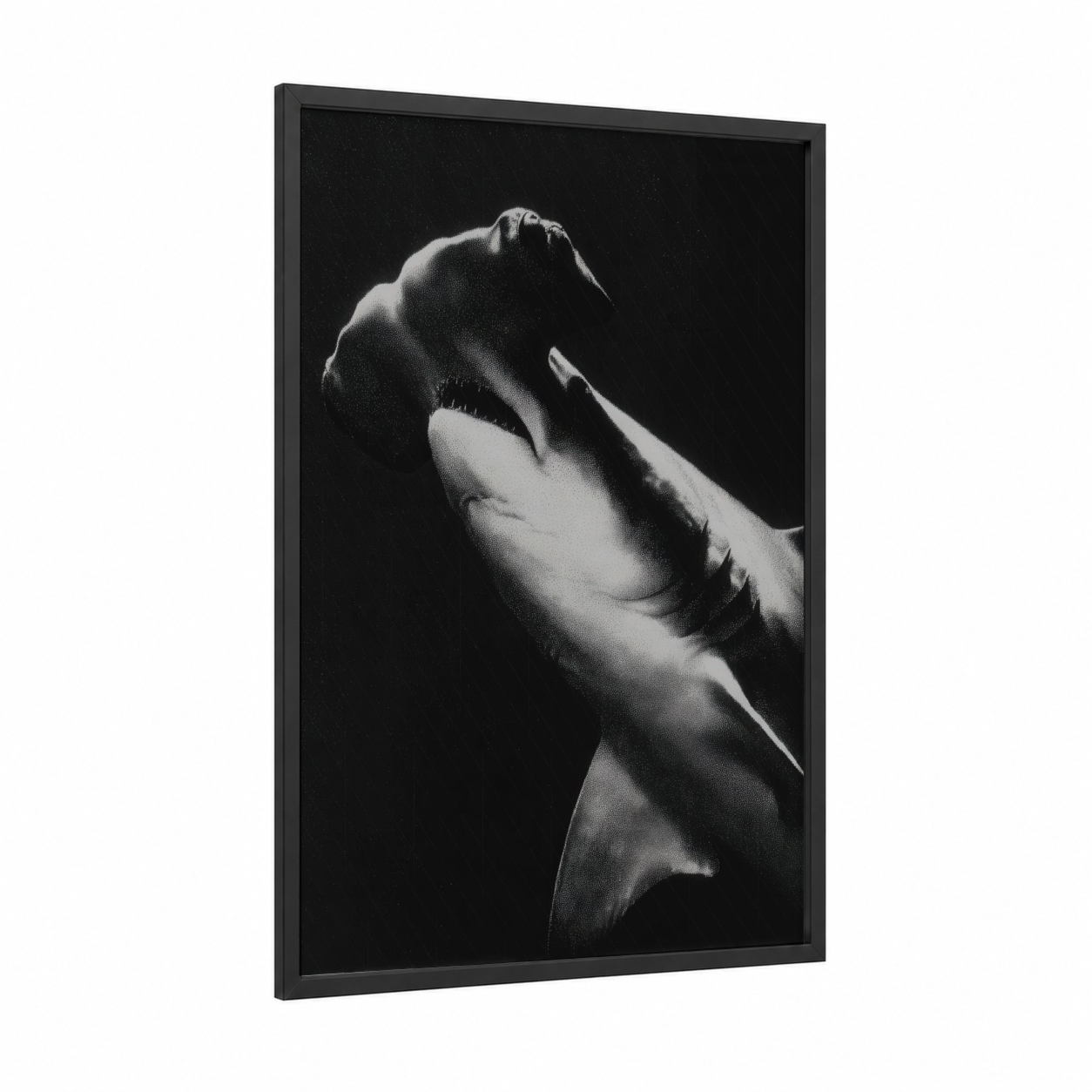 Sleek Hammerhead framed hammerhead shark print — black wood frame — black and white palette