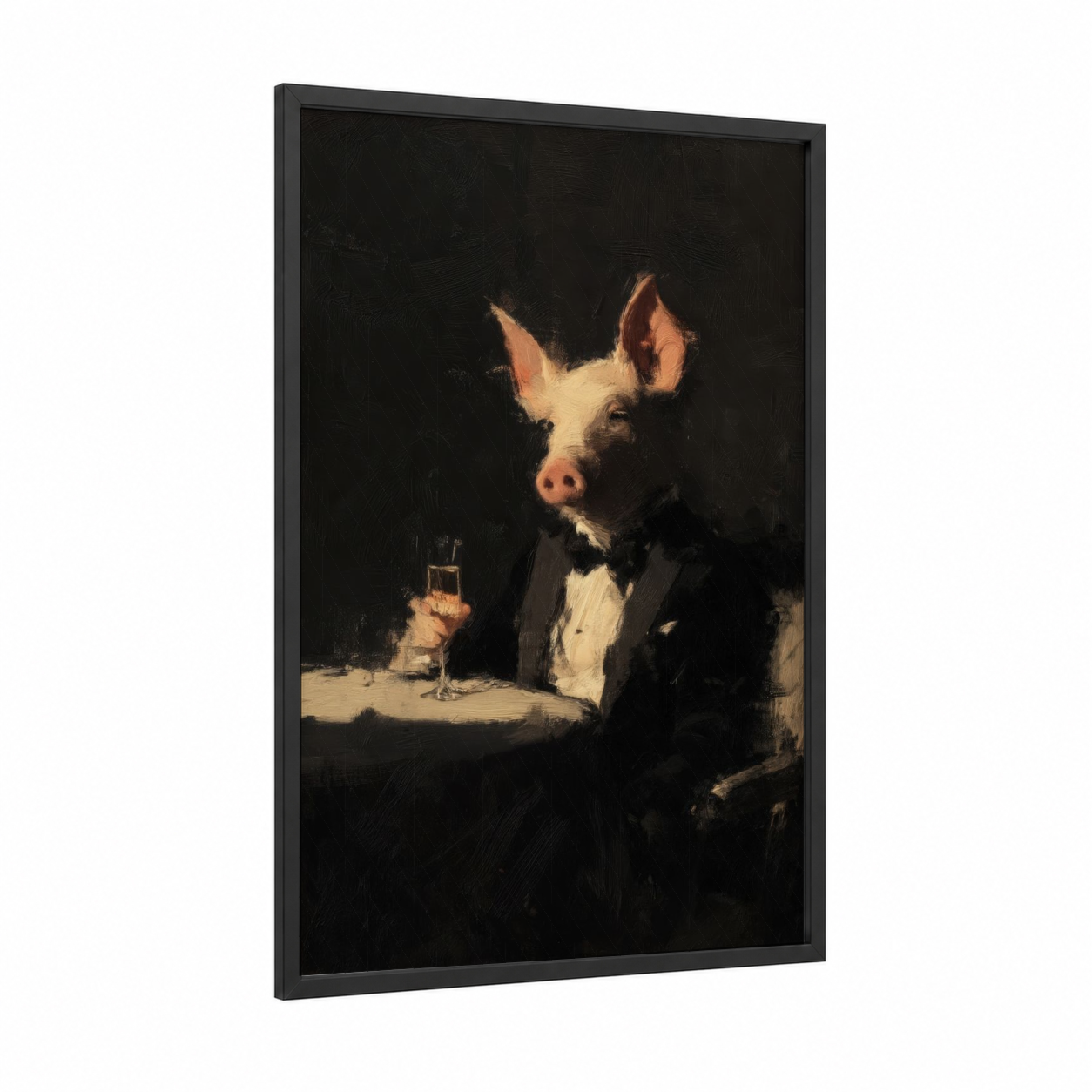 Tuxedo Pig Portrait framed art print — black wood frame — black and white and gold palette