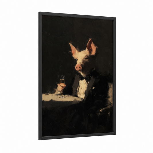 Tuxedo Pig Portrait framed art print — black wood frame — black and white and gold palette