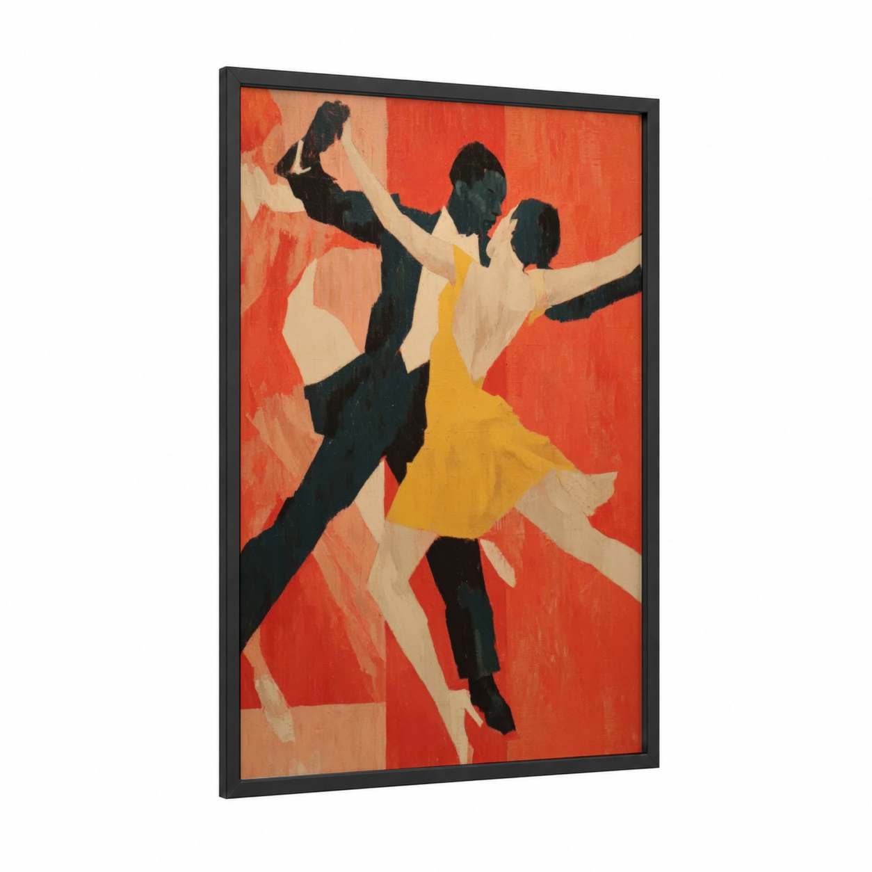 Crimson Swing Duo framed swing dance print — black wood frame — red and gold palette