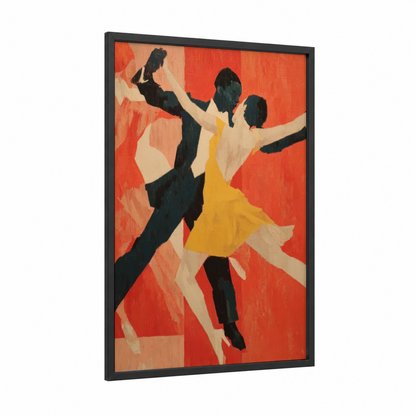 Crimson Swing Duo framed swing dance print — black wood frame — red and gold palette