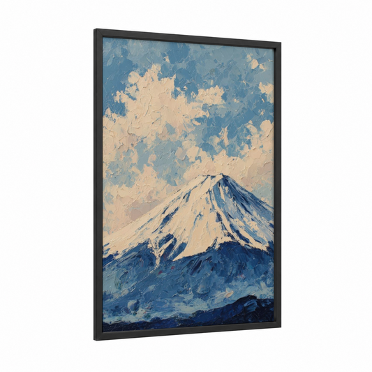 Snowy Fuji Peak framed mount fuji print — black wood frame — blue and cream palette