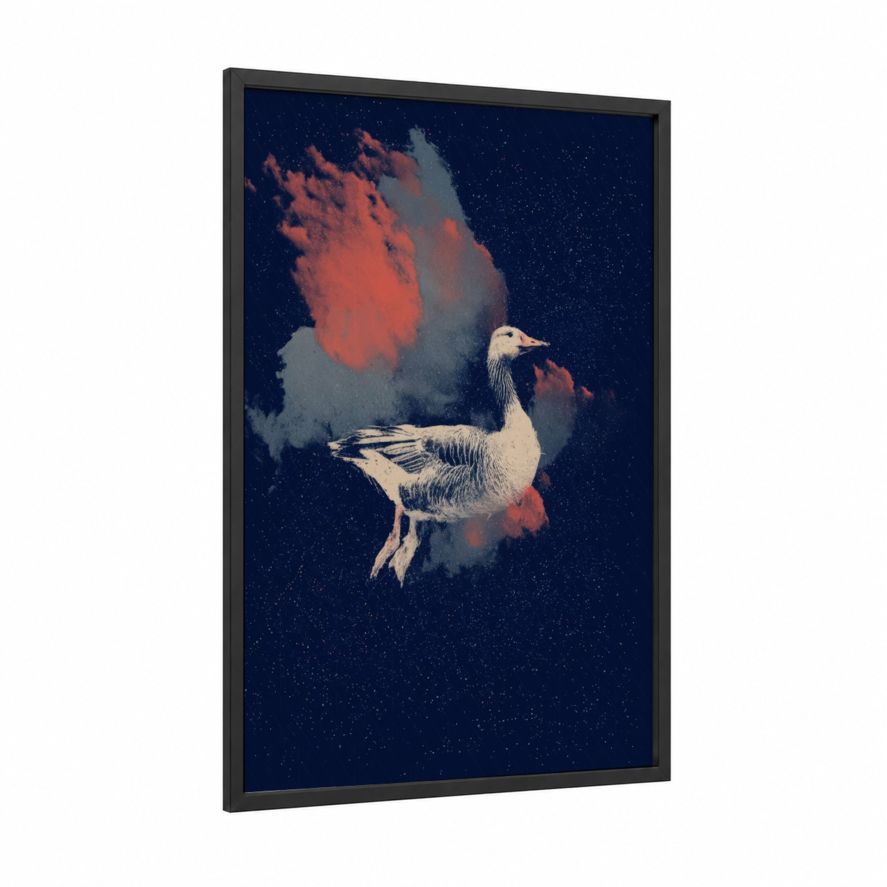 Celestial Goose framed geese print — black wood frame — dark blue and salmon pink palette