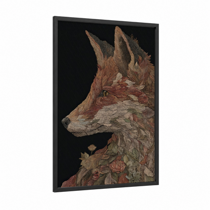 Botanical Fox framed art print — black wood frame — russet and sage green palette
