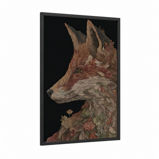 Botanical Fox framed art print — black wood frame — russet and sage green palette