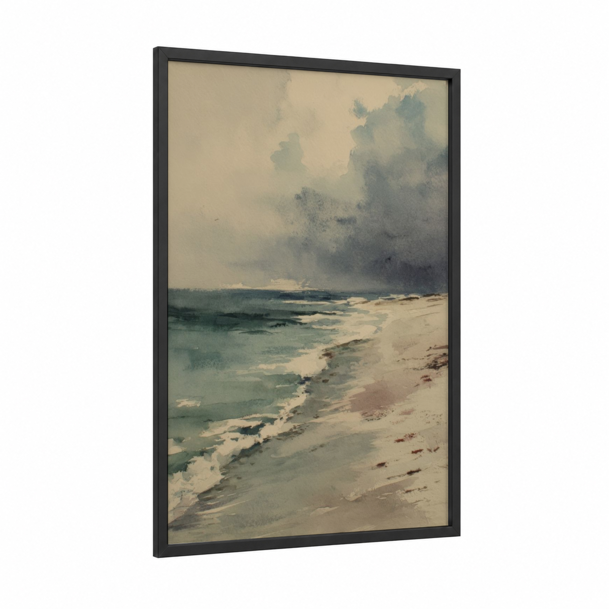 Sandy Beach Waves framed art print — black wood frame — cream and blue palette