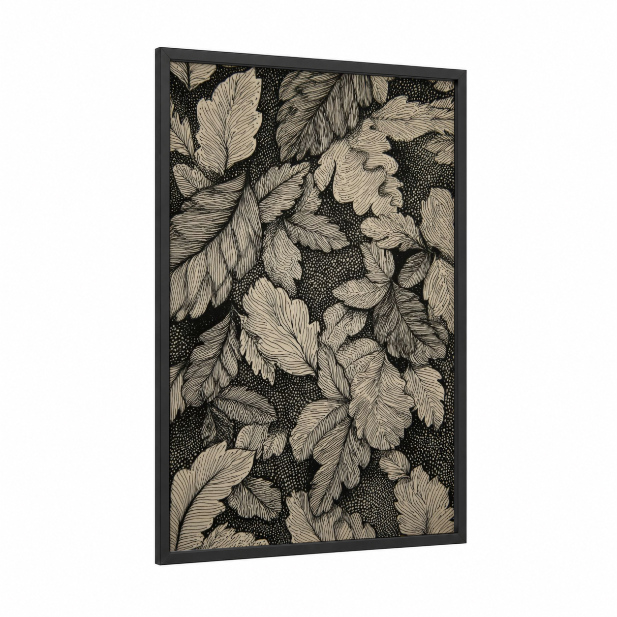 Botanical Linework framed leaf print — black wood frame — black and white and cream palette