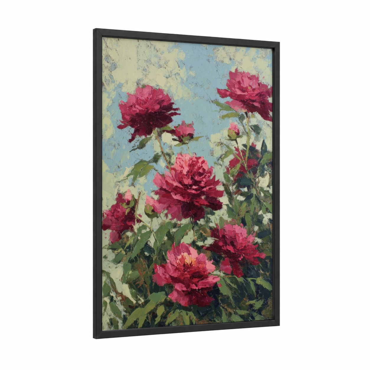 Crimson Peony Garden framed art print — black wood frame — magenta and light green palette