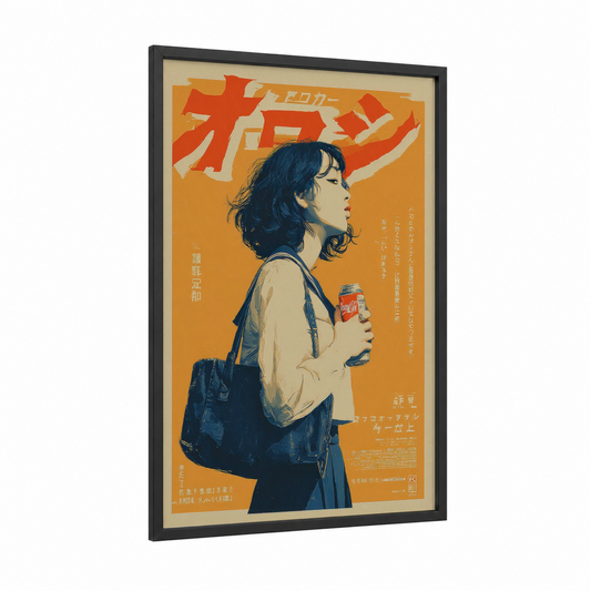 Retro Cola Girl framed vintage japanese ads print — black wood frame — gold and dark blue palette