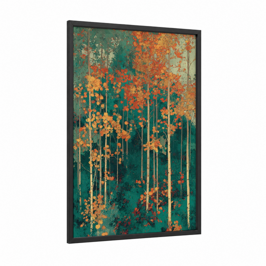 Autumn Aspen Forest framed art print — black wood frame — orange and teal palette