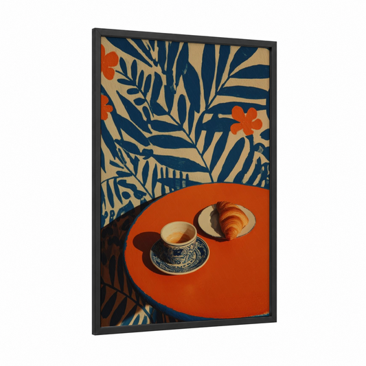 Tropical Breakfast Nook framed art print — black wood frame — dark blue and pumpkin palette