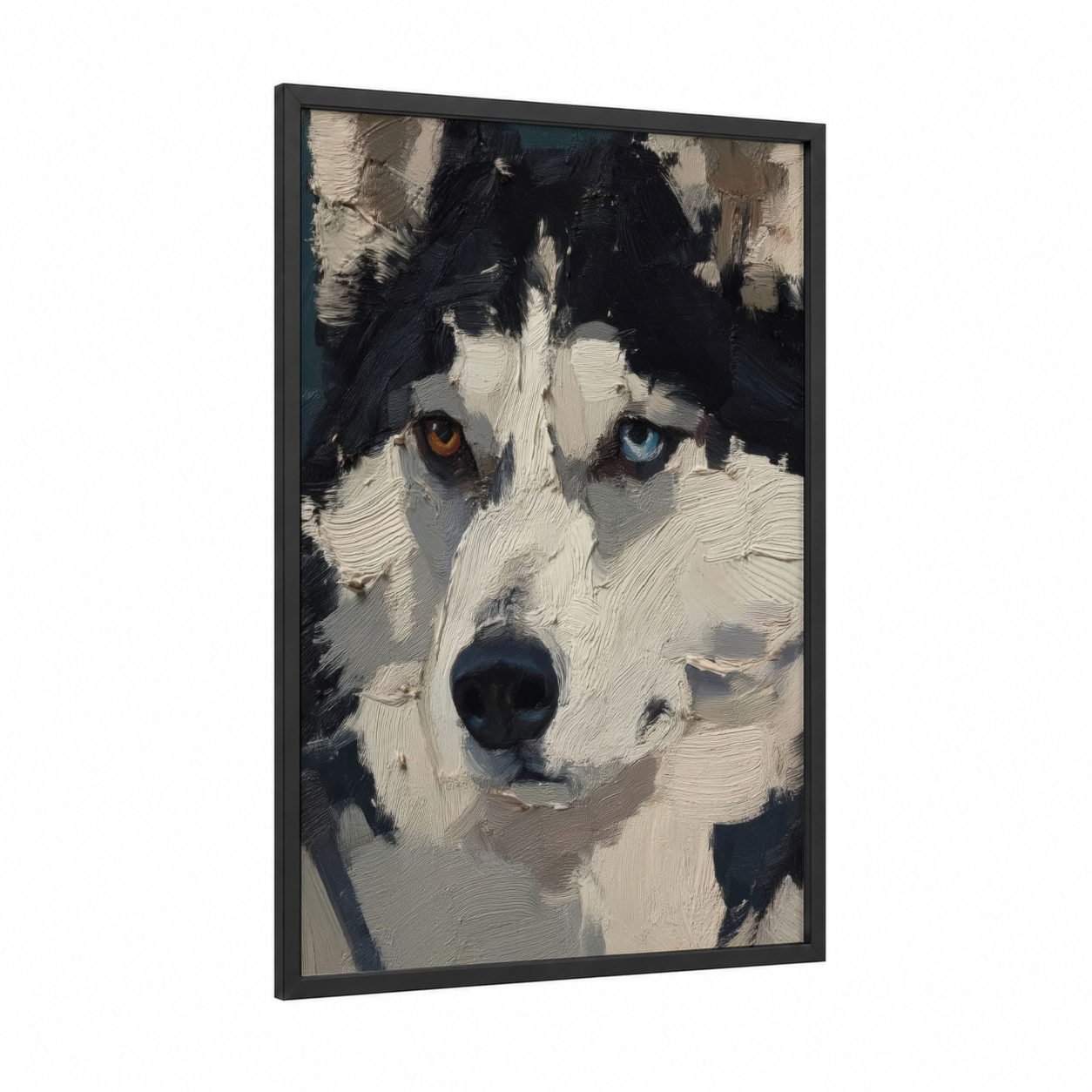 Heterochromic Husky framed art print — black wood frame — black and white and gold palette