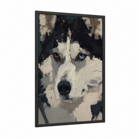 Heterochromic Husky framed art print — black wood frame — black and white and gold palette