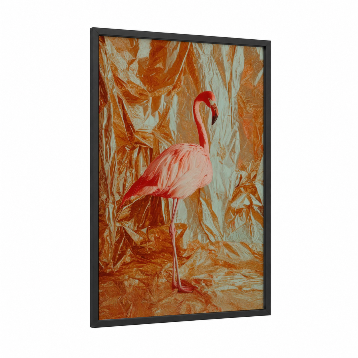 Crimson Flamingo framed art print — black wood frame — peach and cream palette