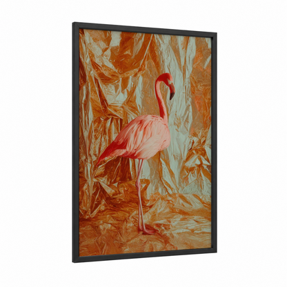 Crimson Flamingo framed art print — black wood frame — peach and cream palette