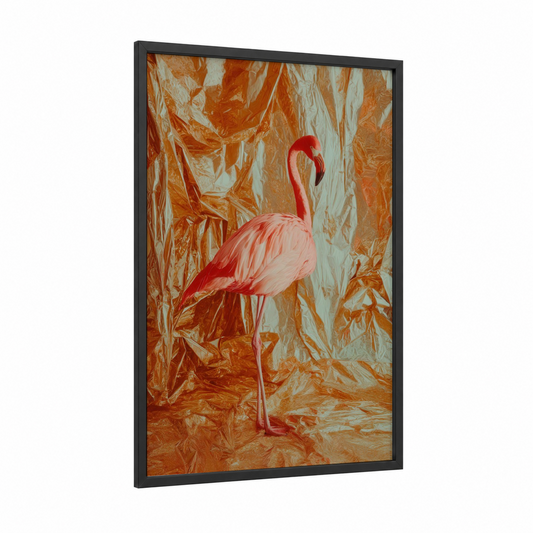 Crimson Flamingo framed art print — black wood frame — peach and cream palette