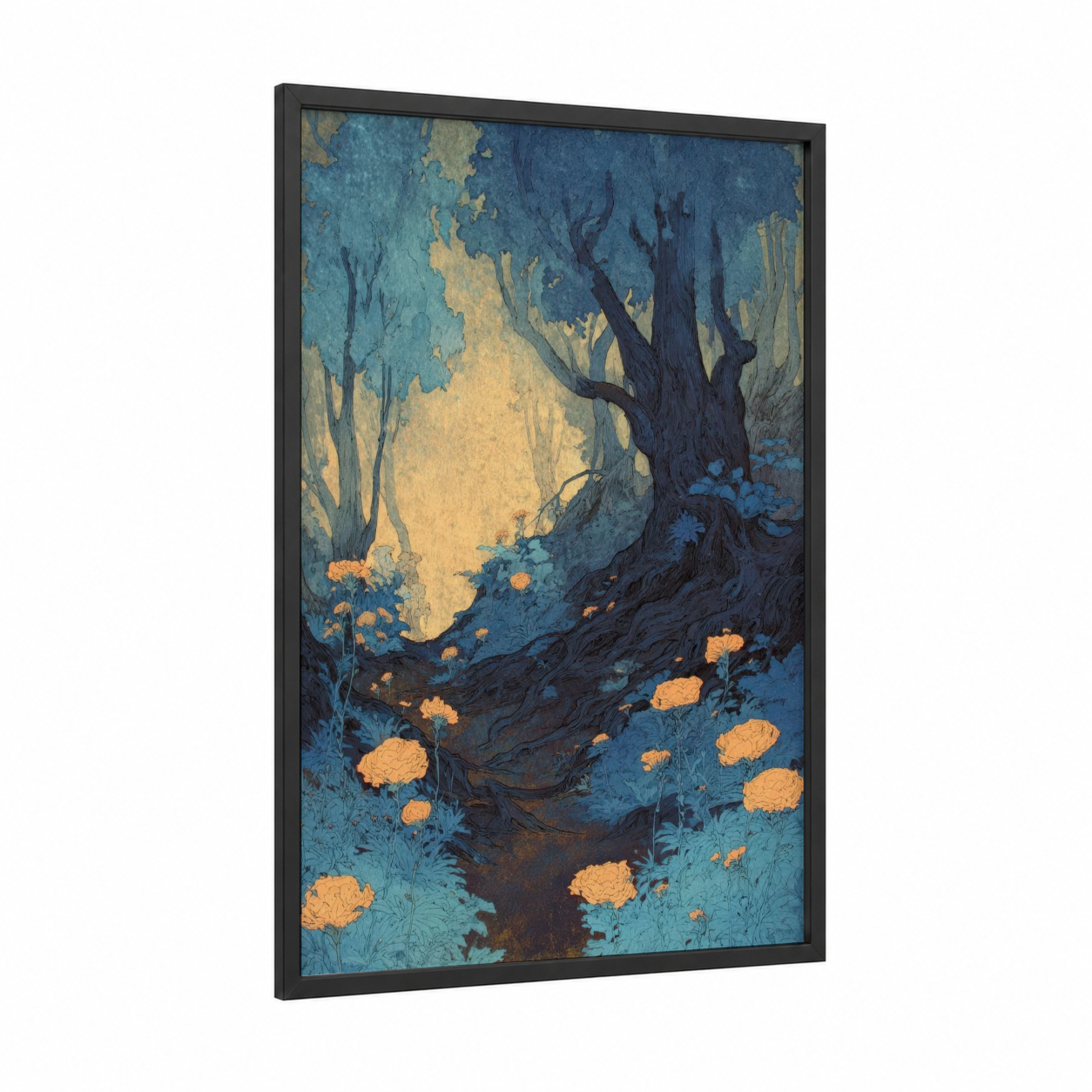 Moonlit Forest framed forest trees print — black wood frame — dark blue and gold palette