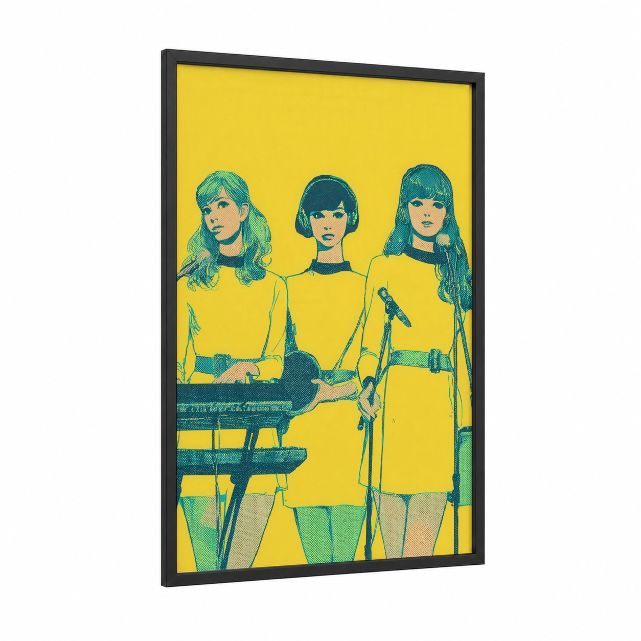 Retro Pop Trio framed art print — black wood frame — yellow and teal palette