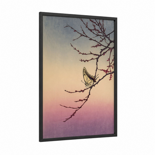 Sunset Butterfly framed art print — black wood frame — gold and pink palette