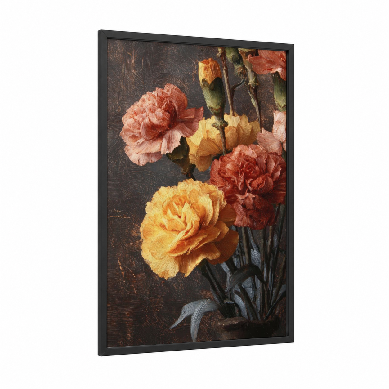 Sunset Carnations framed art print — black wood frame — salmon pink and yellow gold palette