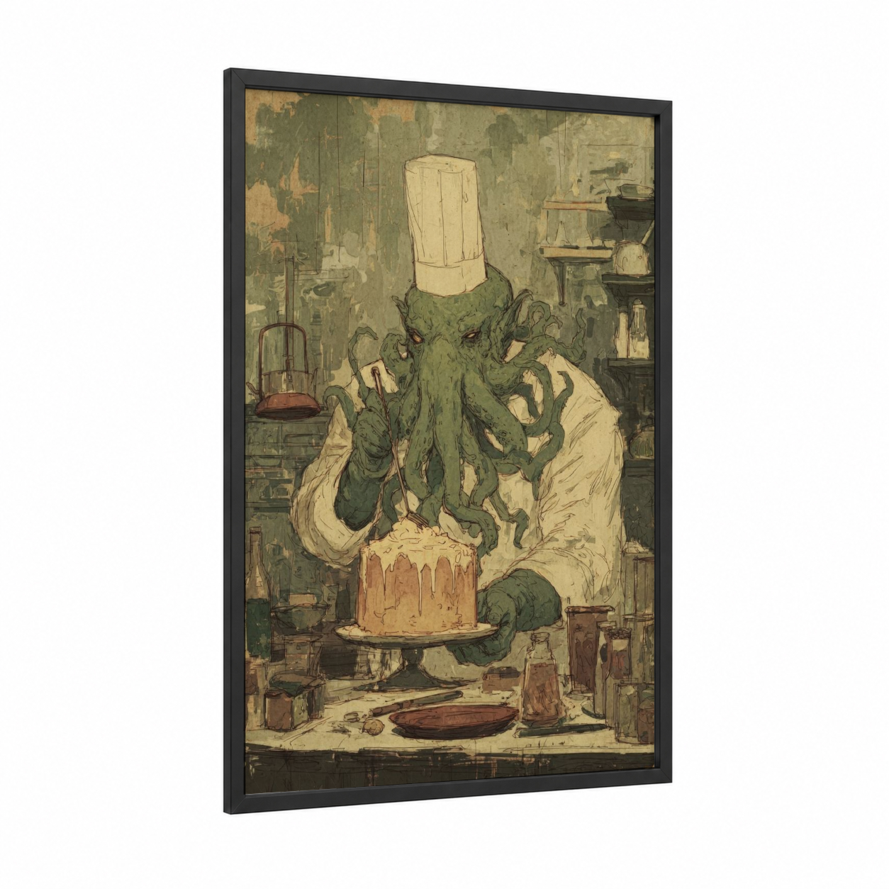 Chef Cthulhu framed art print — black wood frame — olive and beige palette