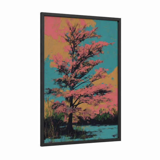 Neon Cypress framed cypress tree print — black wood frame — magenta and teal palette