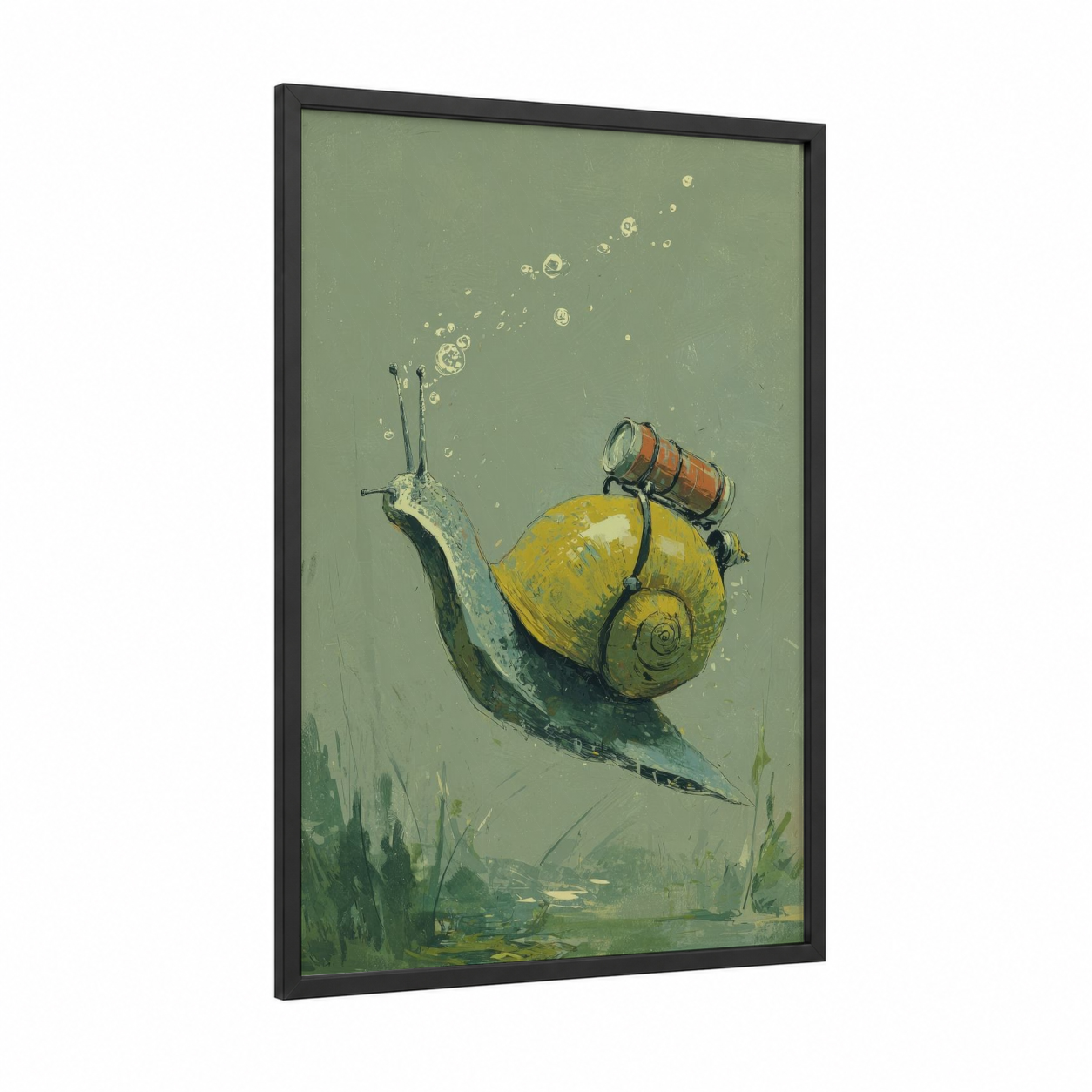 Steampunk Snail framed art print — black wood frame — sage green and gold palette