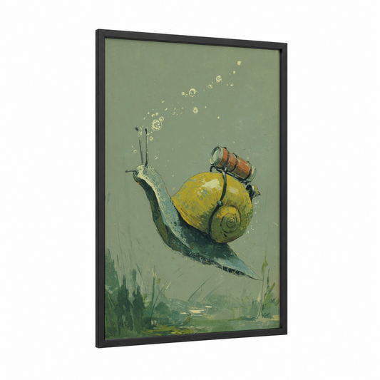 Steampunk Snail framed art print — black wood frame — sage green and gold palette