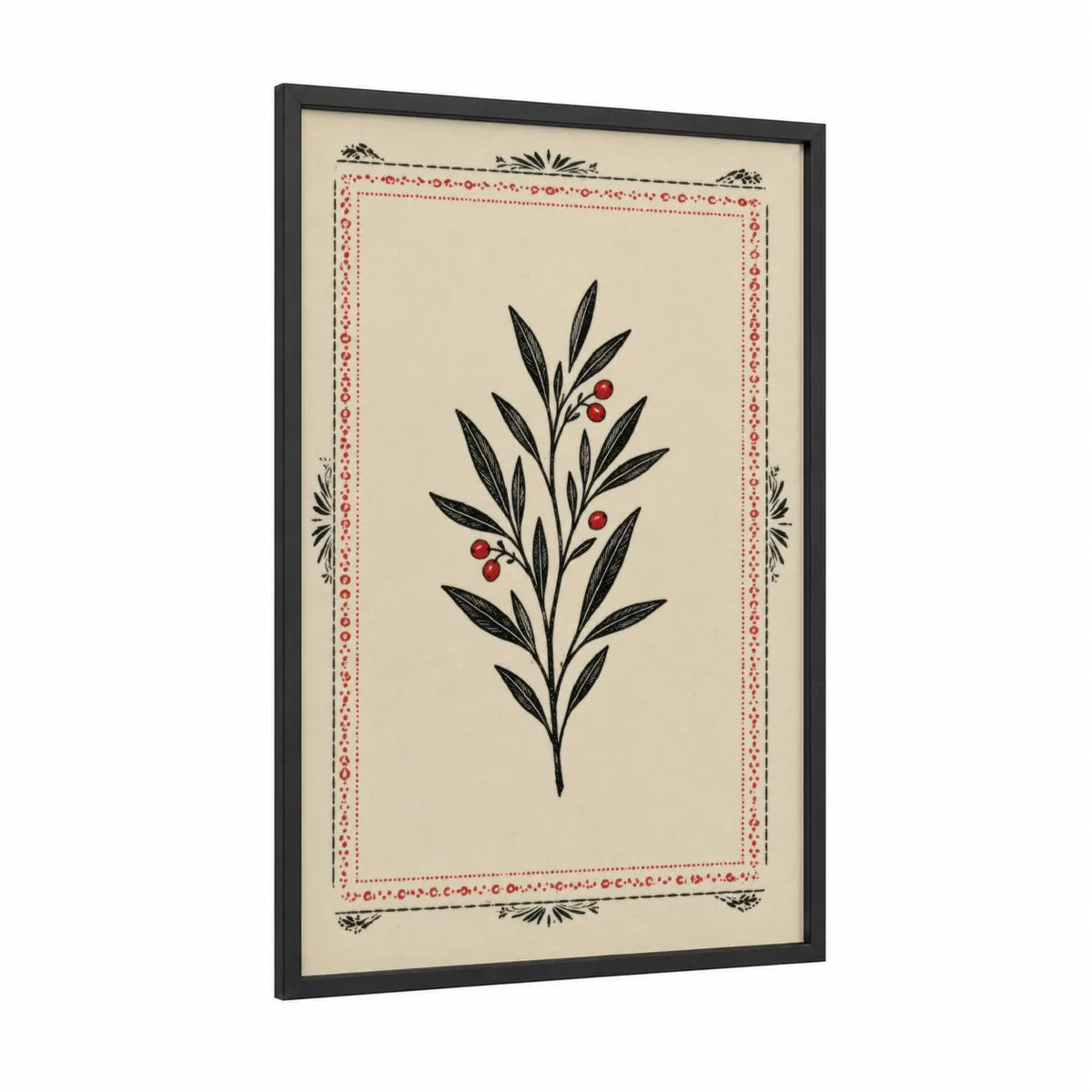 Botanical Branch With Berries Wall Art framed leaf print — black wood frame — black and white and red palette