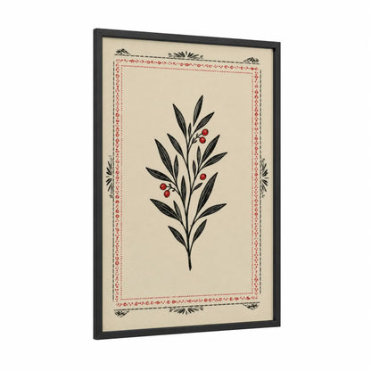 Botanical Branch With Berries Wall Art framed leaf print — black wood frame — black and white and red palette