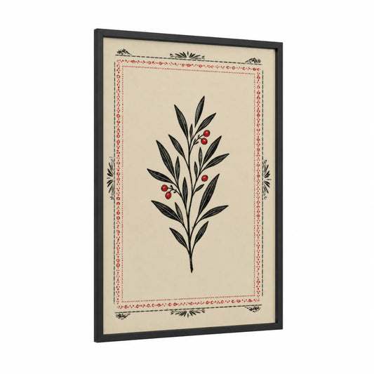 Botanical Branch With Berries Wall Art framed leaf print — black wood frame — black and white and red palette