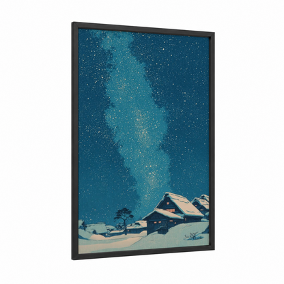 Snowy Milky Way framed art print — black wood frame — teal and gold and white palette