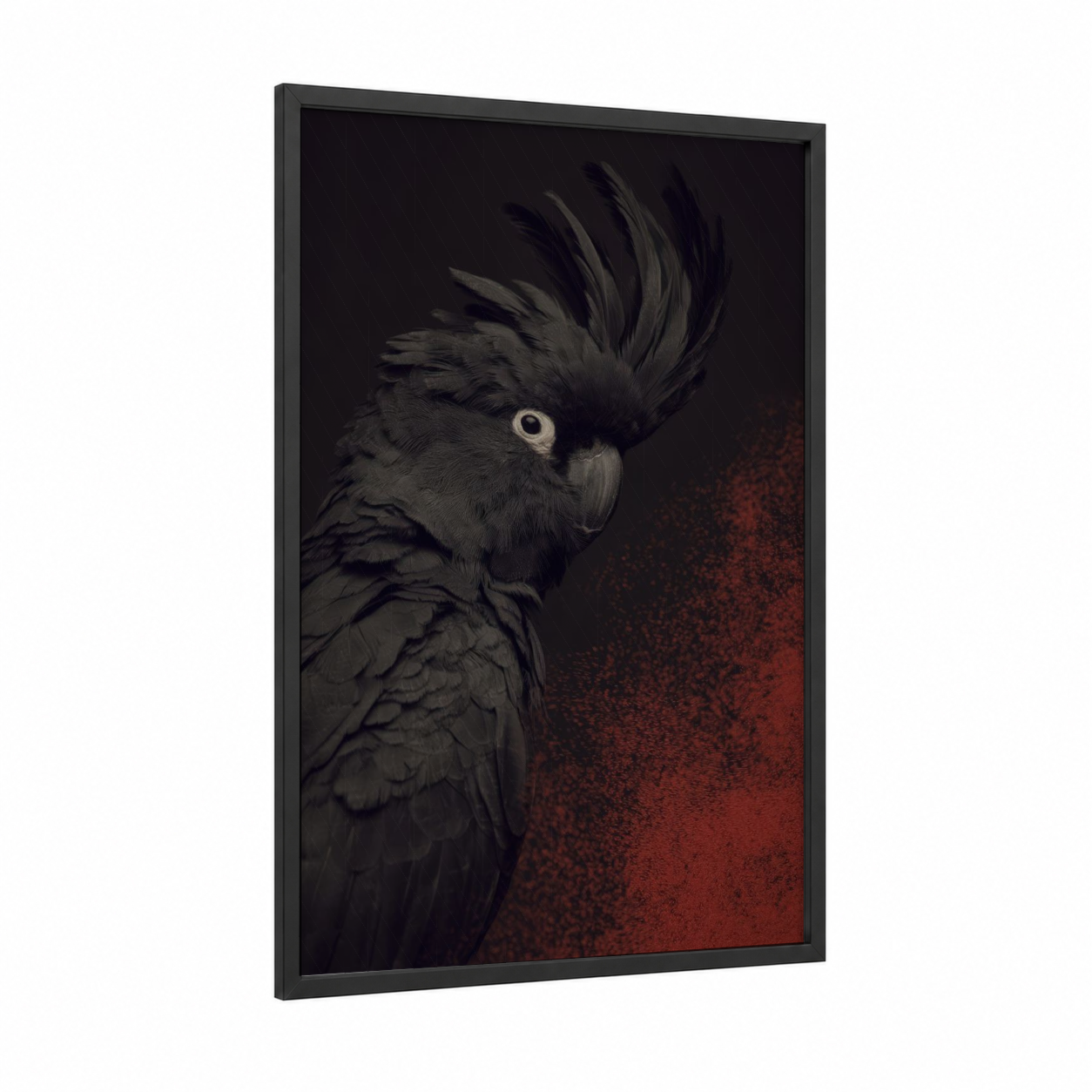 Dramatic Cockatoo framed safari parrots print — black wood frame — black and russet palette