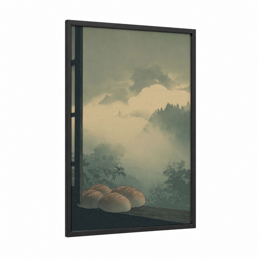 Misty Morning Baking framed art print — black wood frame — cream and sage green palette