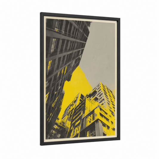 Urban Skyline Yellow framed abstract architecture print — black wood frame — yellow and gray and white palette