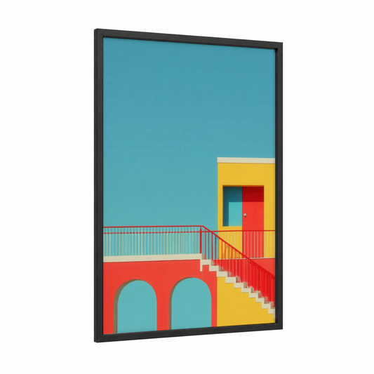 Colorful Bridge Architecture framed bridges print — black wood frame — blue and yellow palette
