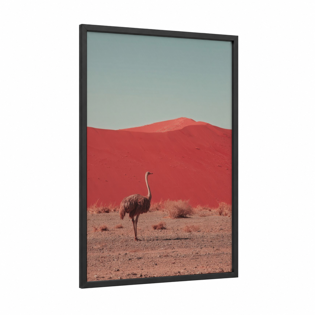 Desert Ostrich framed art print — black wood frame — red and blue palette