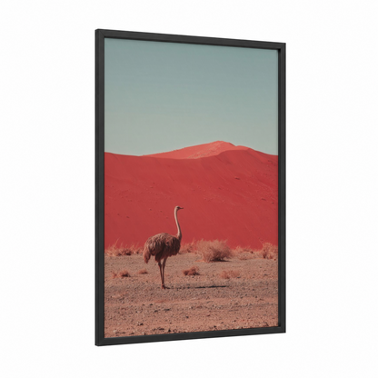 Desert Ostrich framed art print — black wood frame — red and blue palette